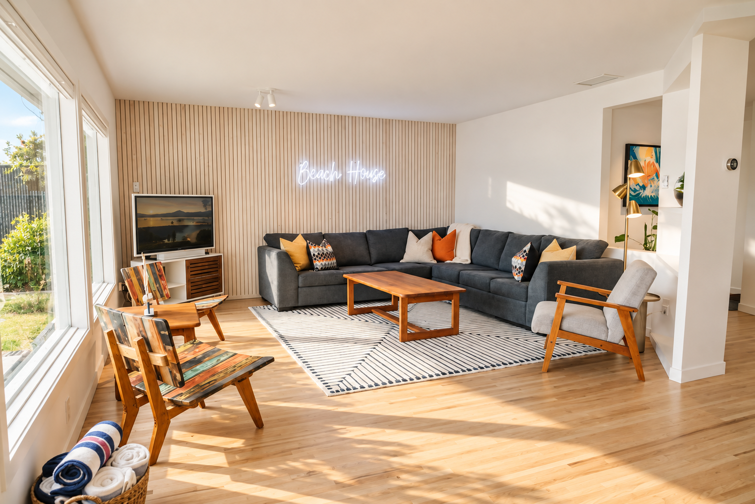 Bright, sunlit eclectic living room