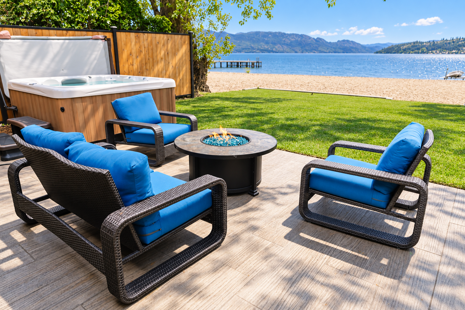 Sunny lakeside patio with fire table and hot tub