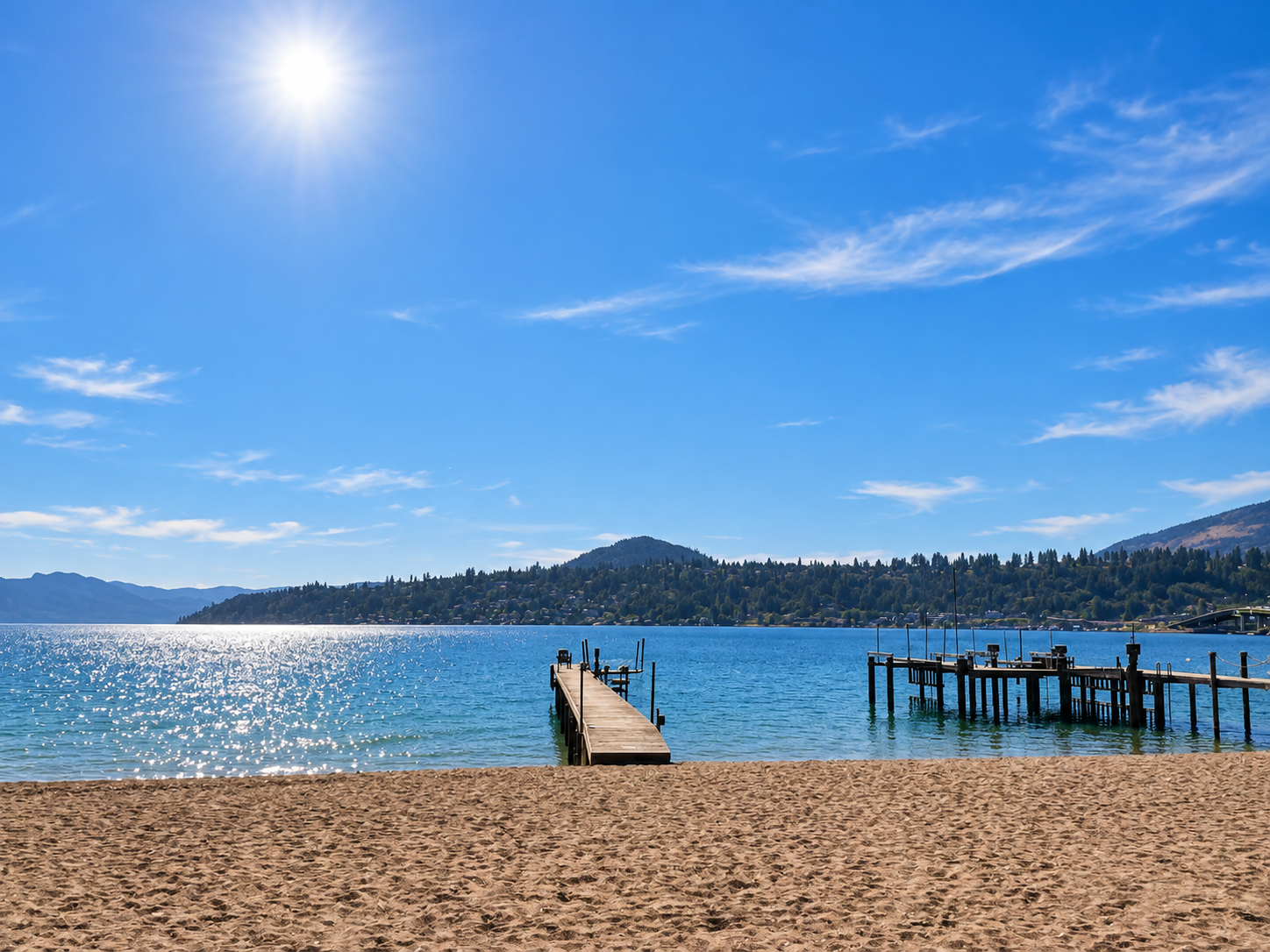 Sunny Okanagan Lake and the private beach wharf